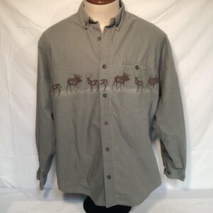Woolrich Olive Button-Up Shirt with Moose and Deer Print Mens Size XL